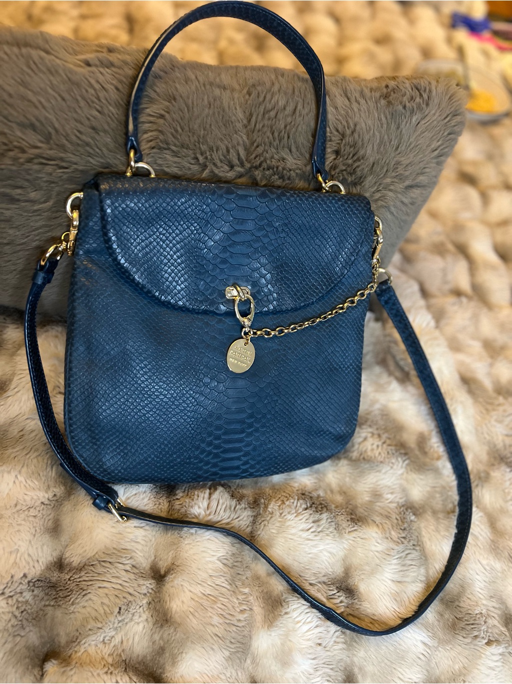 Vintage Henri Bendel Blue Snake-Embossed Leather Bag W/ Chain Strap (Msrp $625)
